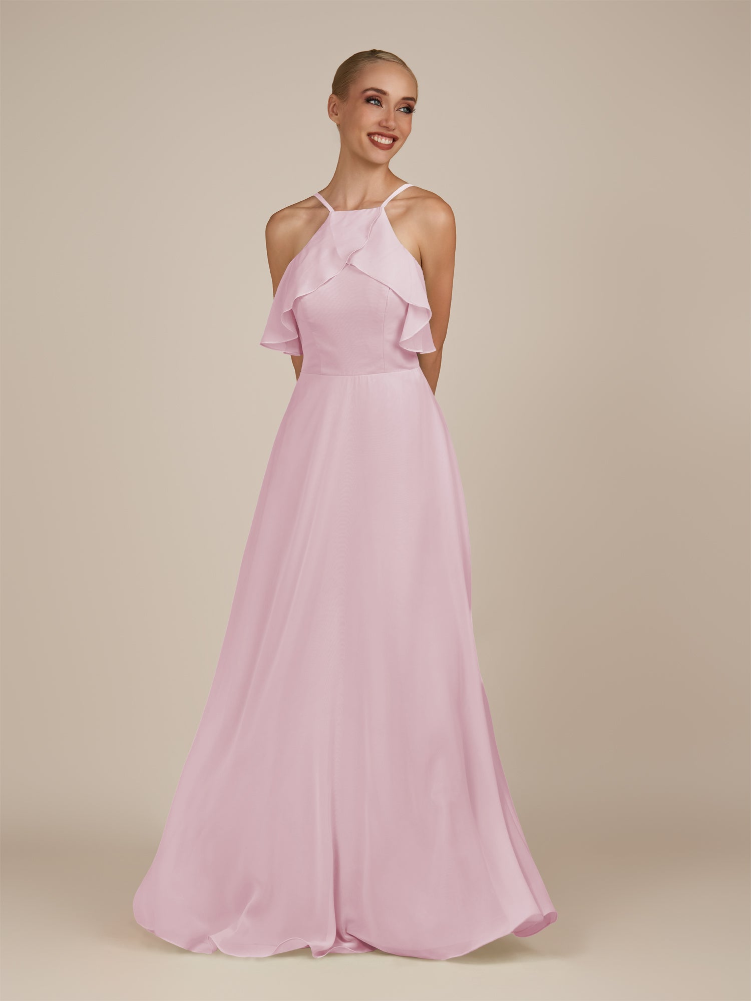KissDress-Wynne Candy Pink A Line Chiffon Halter Neck Ruffled Overlay Long Bridesmaid Dress