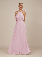 KissDress-Wynne Candy Pink A Line Chiffon Halter Neck Ruffled Overlay Long Bridesmaid Dress