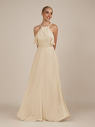 KissDress-Wynne Champagne A Line Chiffon Halter Neck Ruffled Overlay Long Bridesmaid Dress