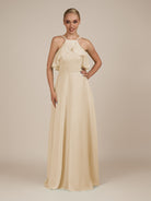 KissDress-Wynne Champagne A Line Chiffon Halter Neck Ruffled Overlay Long Bridesmaid Dress