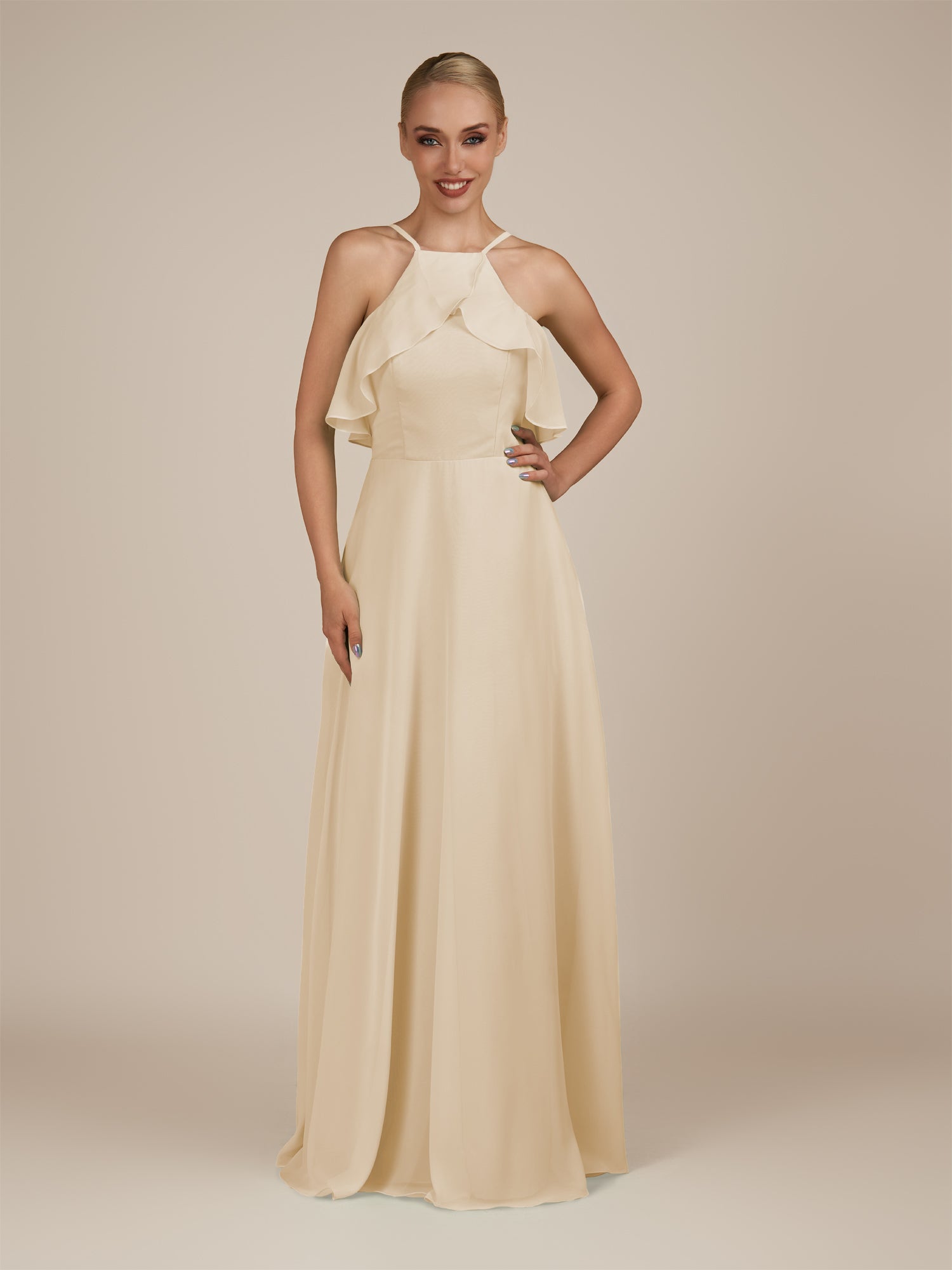 KissDress-Wynne Champagne A Line Chiffon Halter Neck Ruffled Overlay Long Bridesmaid Dress