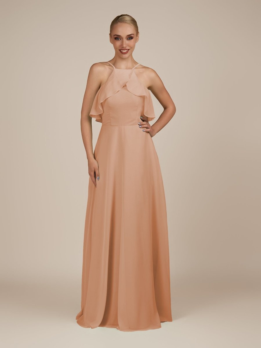 KissDress-Wynne Champagne Rose A Line Chiffon Halter Neck Ruffled Overlay Long Bridesmaid Dress