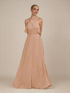 KissDress-Wynne Champagne Rose A Line Chiffon Halter Neck Ruffled Overlay Long Bridesmaid Dress