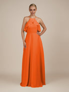 KissDress-Wynne Cinnamon A Line Chiffon Halter Neck Ruffled Overlay Long Bridesmaid Dress