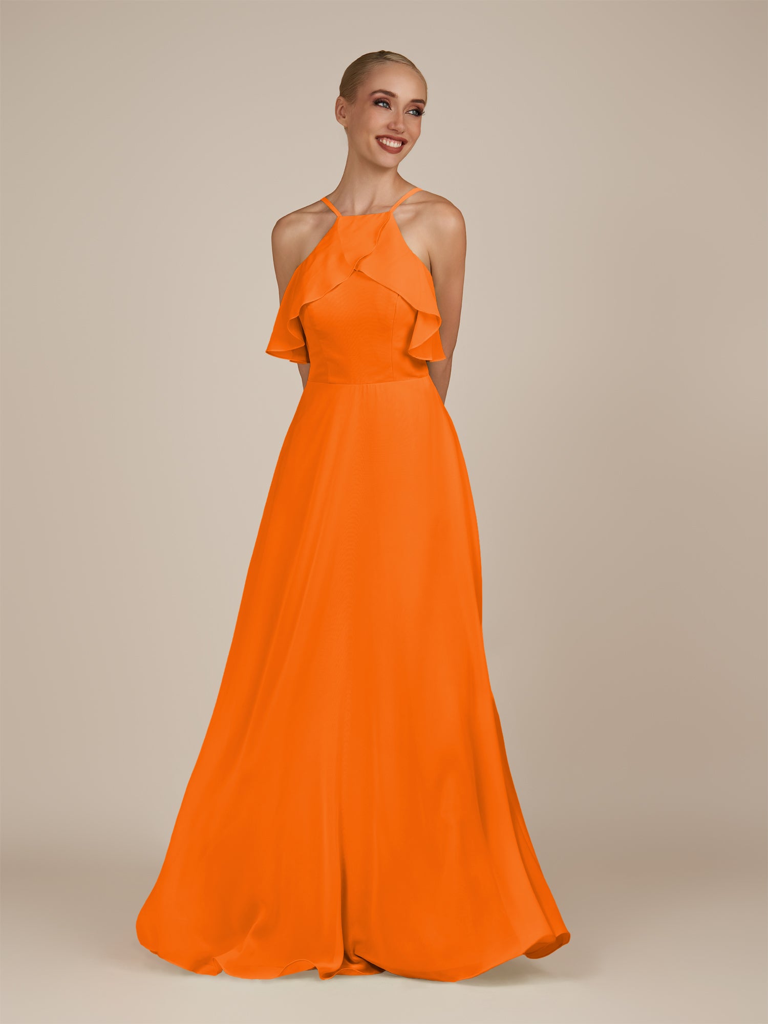 KissDress-Wynne Cinnamon A Line Chiffon Halter Neck Ruffled Overlay Long Bridesmaid Dress