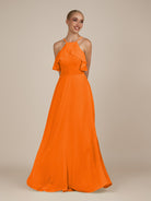 KissDress-Wynne Cinnamon A Line Chiffon Halter Neck Ruffled Overlay Long Bridesmaid Dress