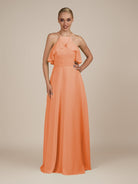 KissDress-Wynne Coral A Line Chiffon Halter Neck Ruffled Overlay Long Bridesmaid Dress