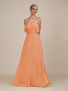 KissDress-Wynne Coral A Line Chiffon Halter Neck Ruffled Overlay Long Bridesmaid Dress