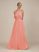 KissDress-Wynne Coral Pink A Line Chiffon Halter Neck Ruffled Overlay Long Bridesmaid Dress