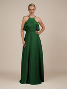 KissDress-Wynne Dark Green A Line Chiffon Halter Neck Ruffled Overlay Long Bridesmaid Dress