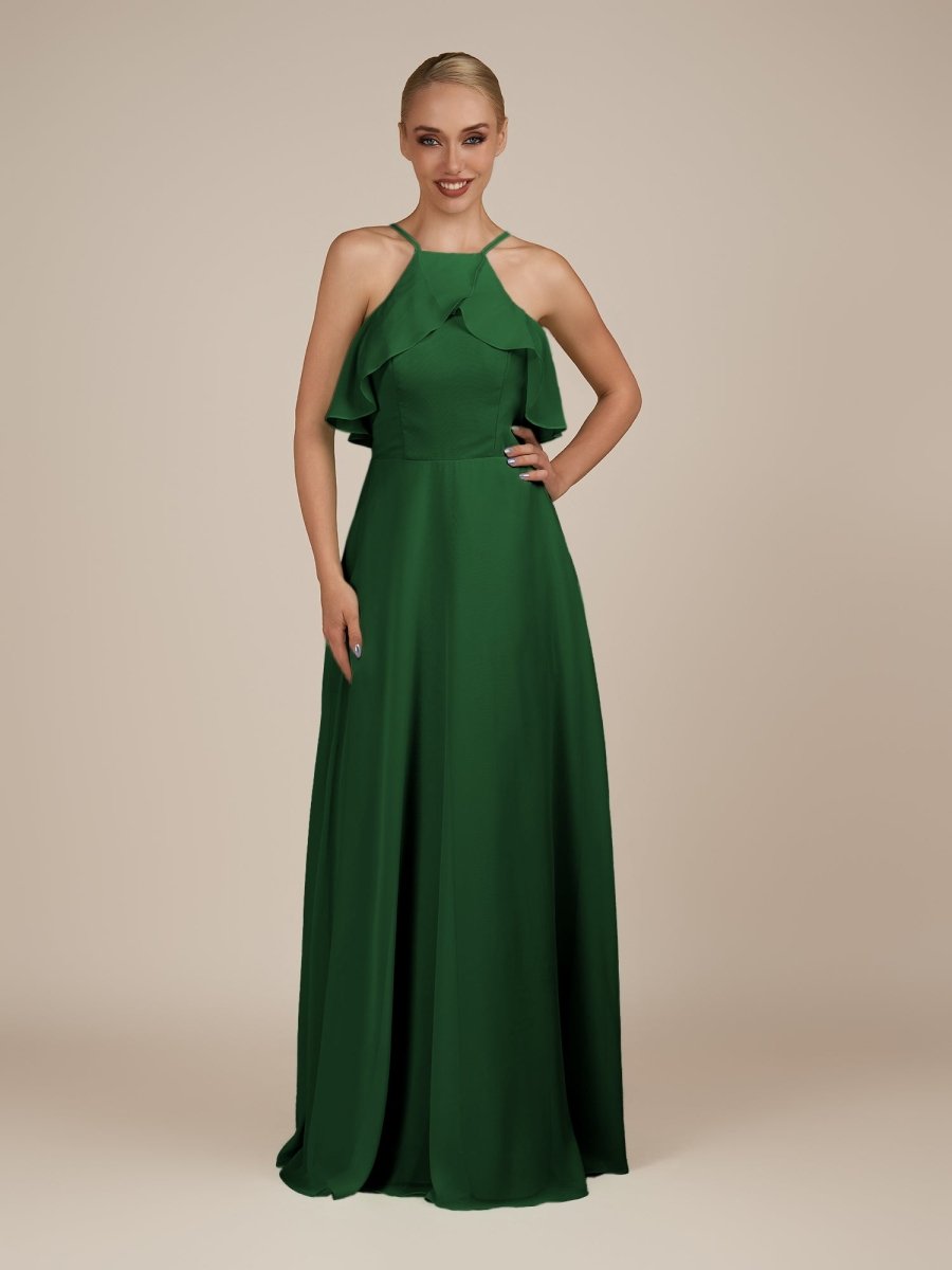 KissDress-Wynne Dark Green A Line Chiffon Halter Neck Ruffled Overlay Long Bridesmaid Dress