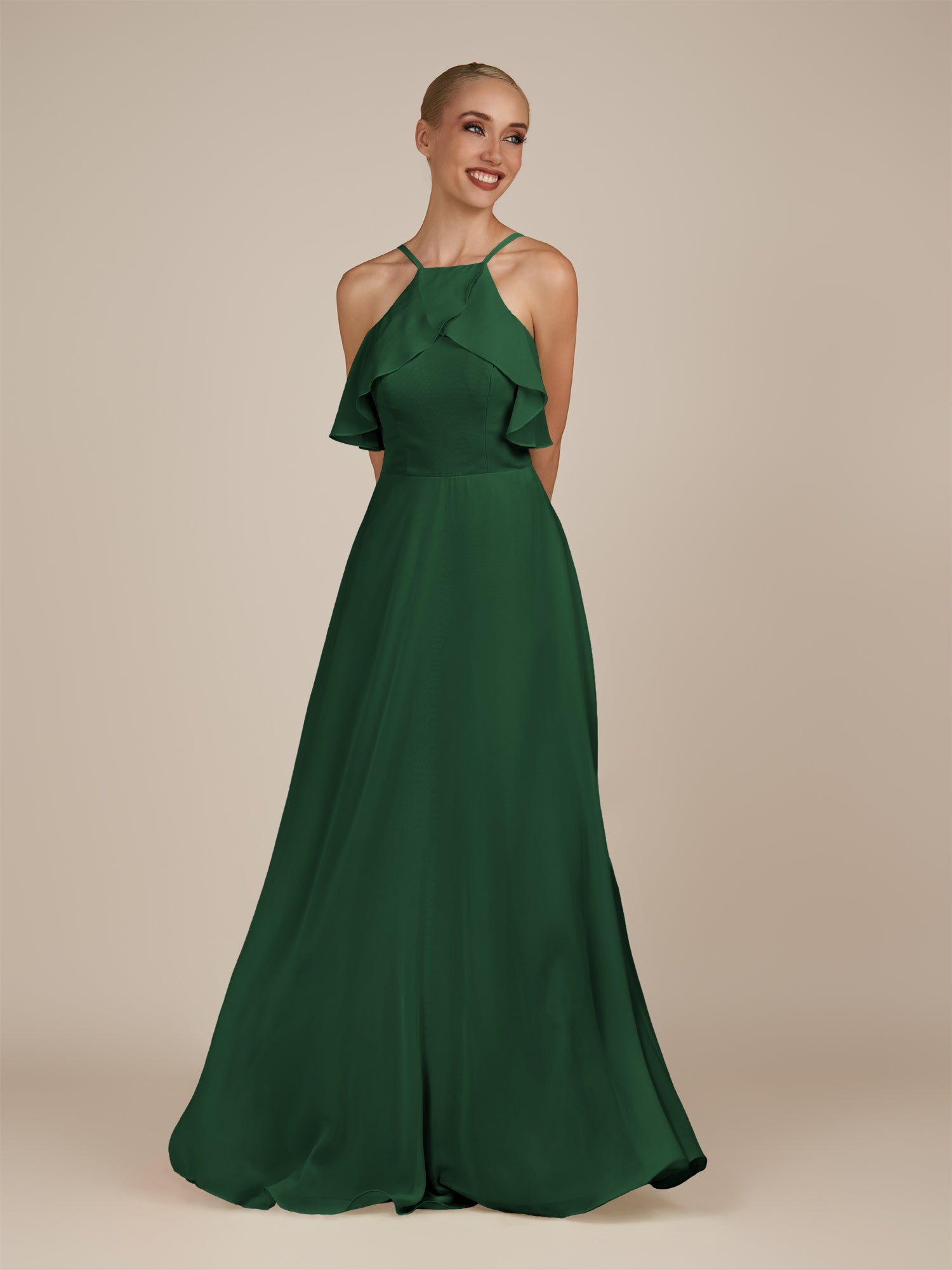 KissDress-Wynne Dark Green A Line Chiffon Halter Neck Ruffled Overlay Long Bridesmaid Dress