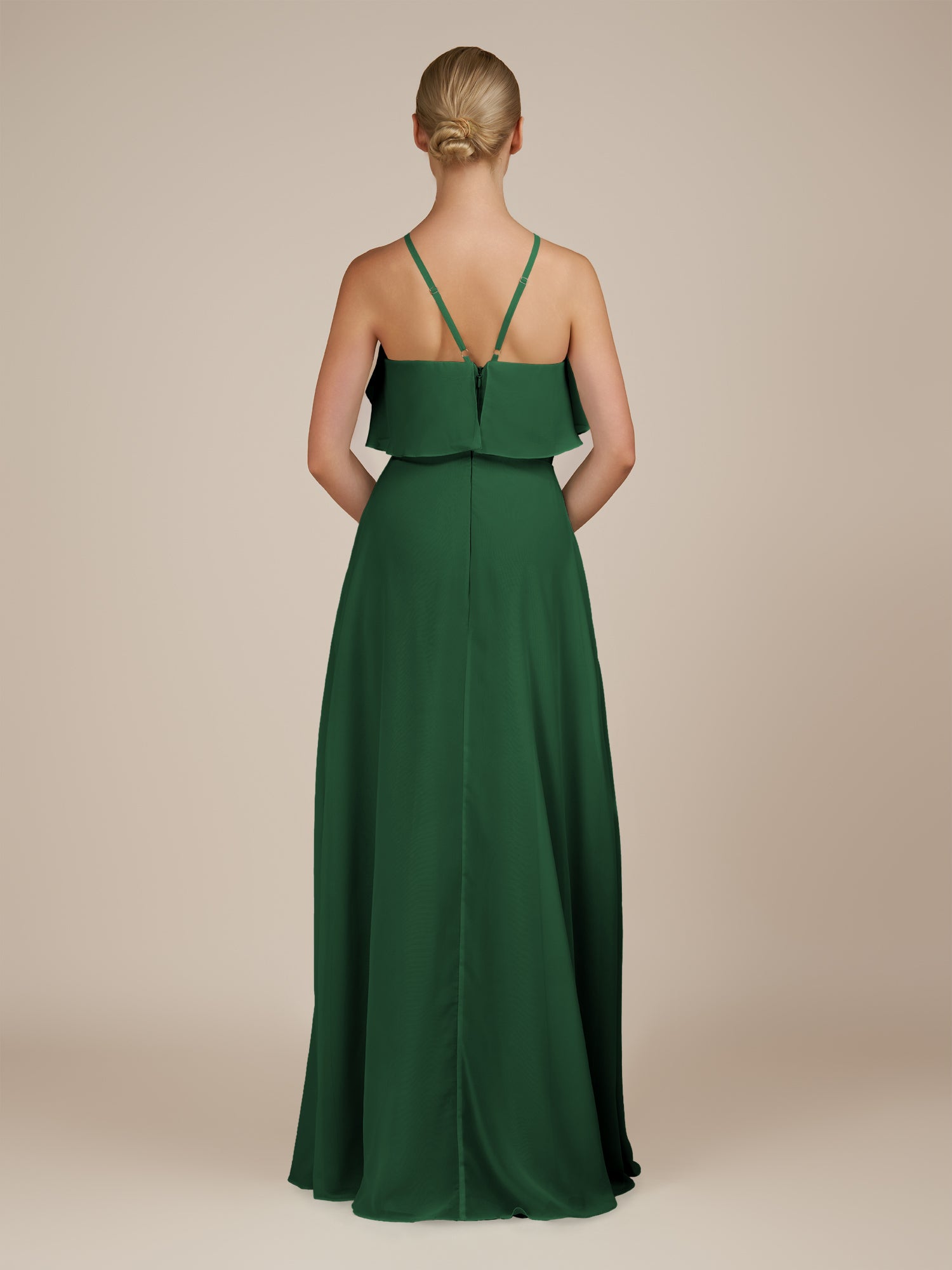 KissDress-Wynne Dark Green A Line Chiffon Halter Neck Ruffled Overlay Long Bridesmaid Dress