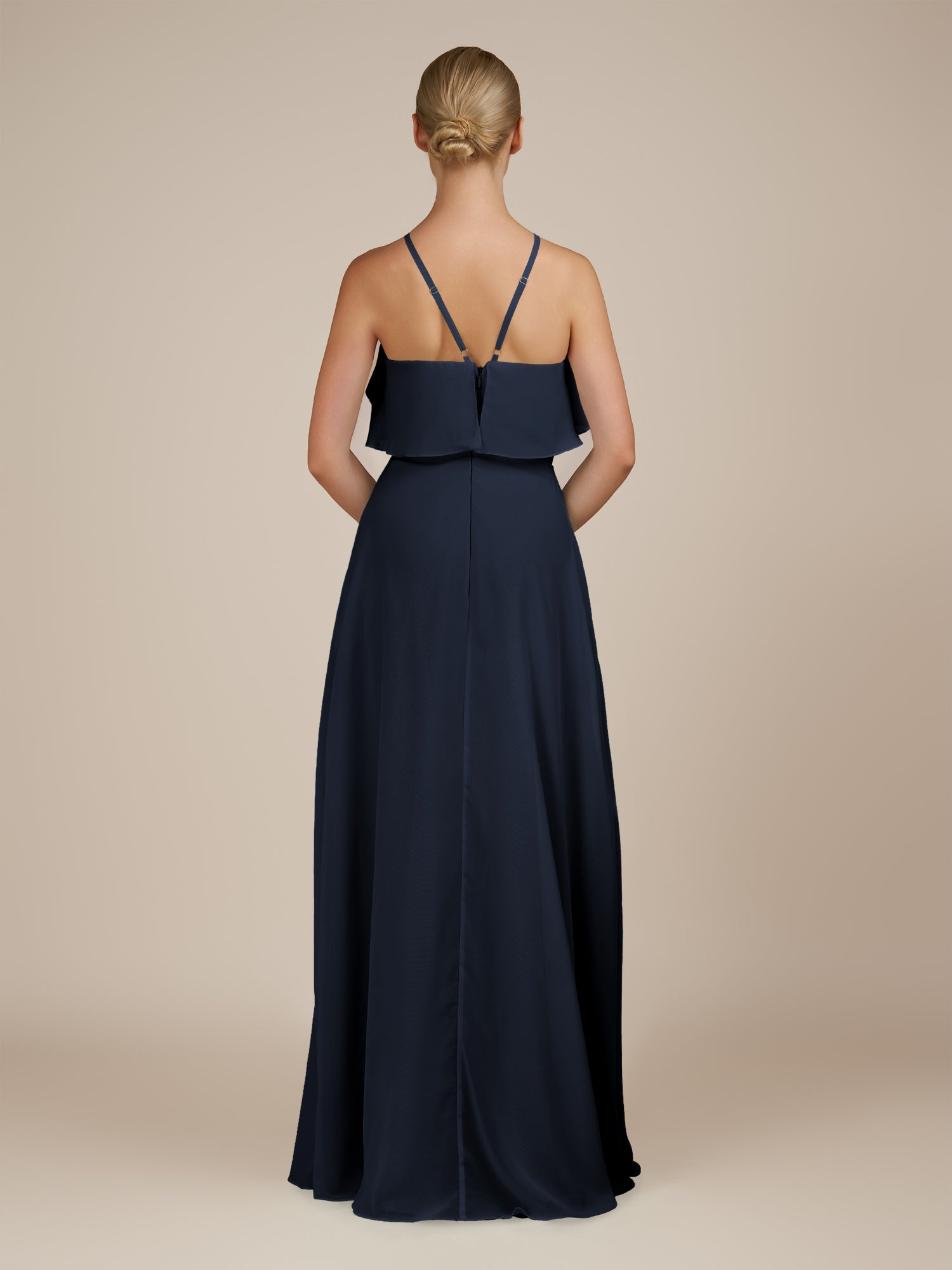 KissDress-Wynne Navy A Line Chiffon Halter Neck Ruffled Overlay Long Bridesmaid Dress