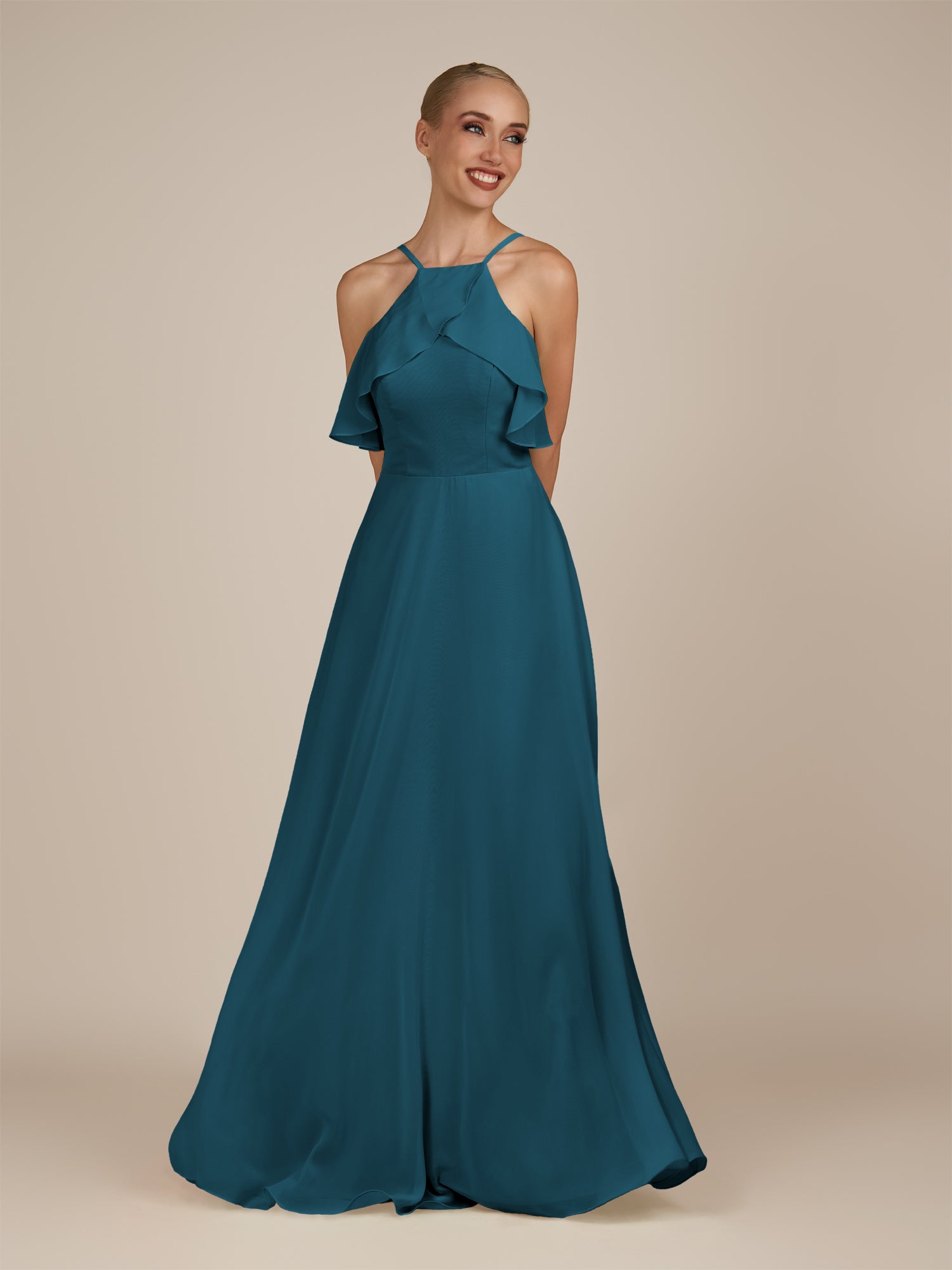 KissDress-Wynne Dark Teal A Line Chiffon Halter Neck Ruffled Overlay Long Bridesmaid Dress