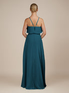 KissDress-Wynne Dark Teal A Line Chiffon Halter Neck Ruffled Overlay Long Bridesmaid Dress