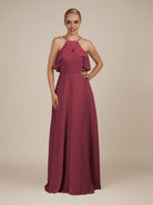 KissDress-Wynne Desert Rose A Line Chiffon Halter Neck Ruffled Overlay Long Bridesmaid Dress