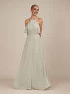 KissDress-Wynne Dove Gray A Line Chiffon Halter Neck Ruffled Overlay Long Bridesmaid Dress
