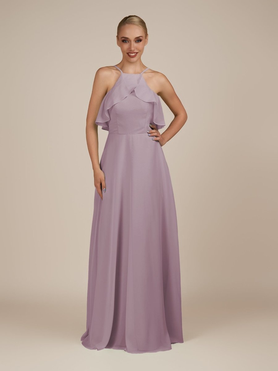 KissDress-Wynne Dusk A Line Chiffon Halter Neck Ruffled Overlay Long Bridesmaid Dress