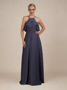 KissDress-Wynne Dusk Blue A Line Chiffon Halter Neck Ruffled Overlay Long Bridesmaid Dress