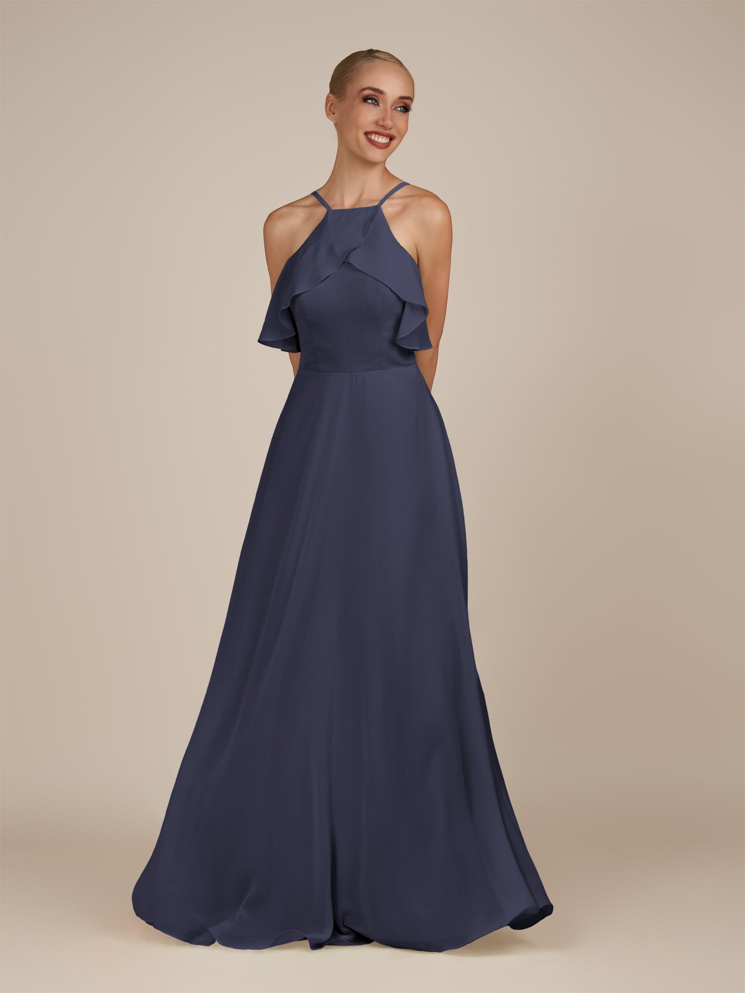 KissDress-Wynne Dusk Blue A Line Chiffon Halter Neck Ruffled Overlay Long Bridesmaid Dress