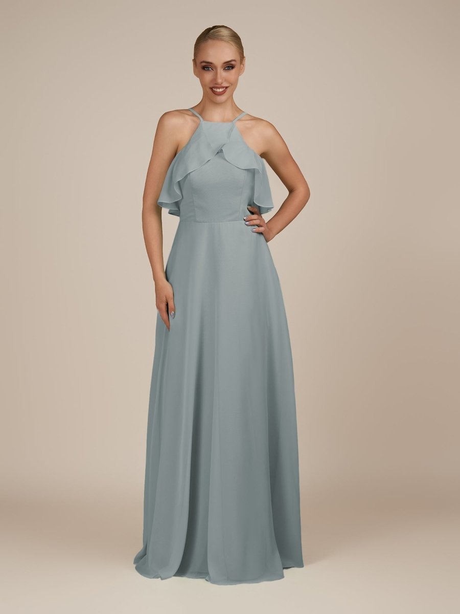 KissDress-Wynne Dusty Blue A Line Chiffon Halter Neck Ruffled Overlay Long Bridesmaid Dress