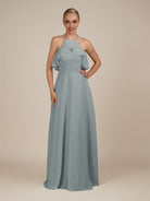 KissDress-Wynne Dusty Blue A Line Chiffon Halter Neck Ruffled Overlay Long Bridesmaid Dress