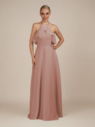 KissDress-Wynne Dusty Rose A Line Chiffon Halter Neck Ruffled Overlay Long Bridesmaid Dress