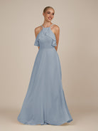 KissDress-Wynne Dusty Blue A Line Chiffon Halter Neck Ruffled Overlay Long Bridesmaid Dress