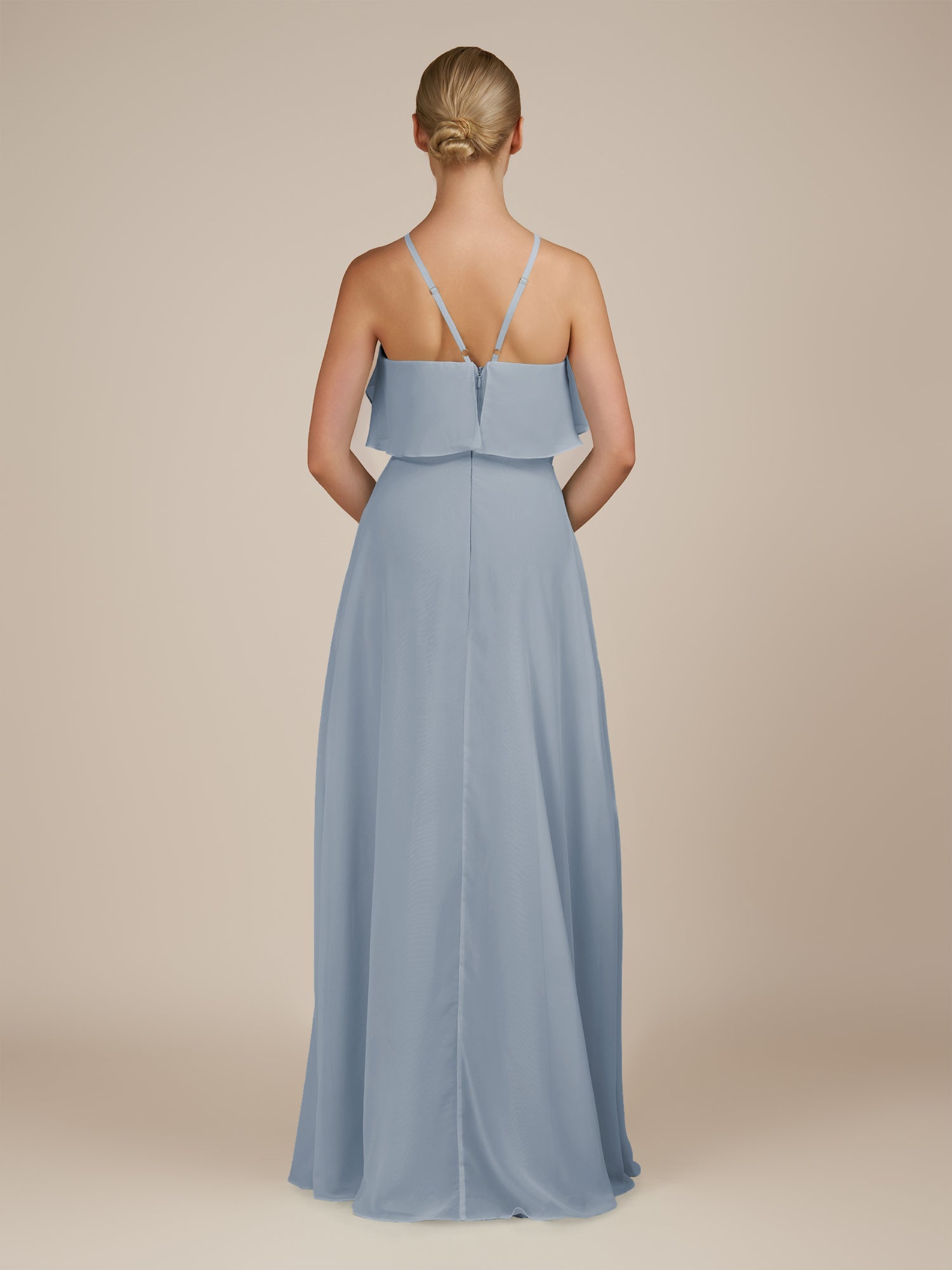 KissDress-Wynne Dusty Blue A Line Chiffon Halter Neck Ruffled Overlay Long Bridesmaid Dress