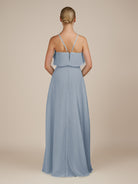 KissDress-Wynne Dusty Blue A Line Chiffon Halter Neck Ruffled Overlay Long Bridesmaid Dress