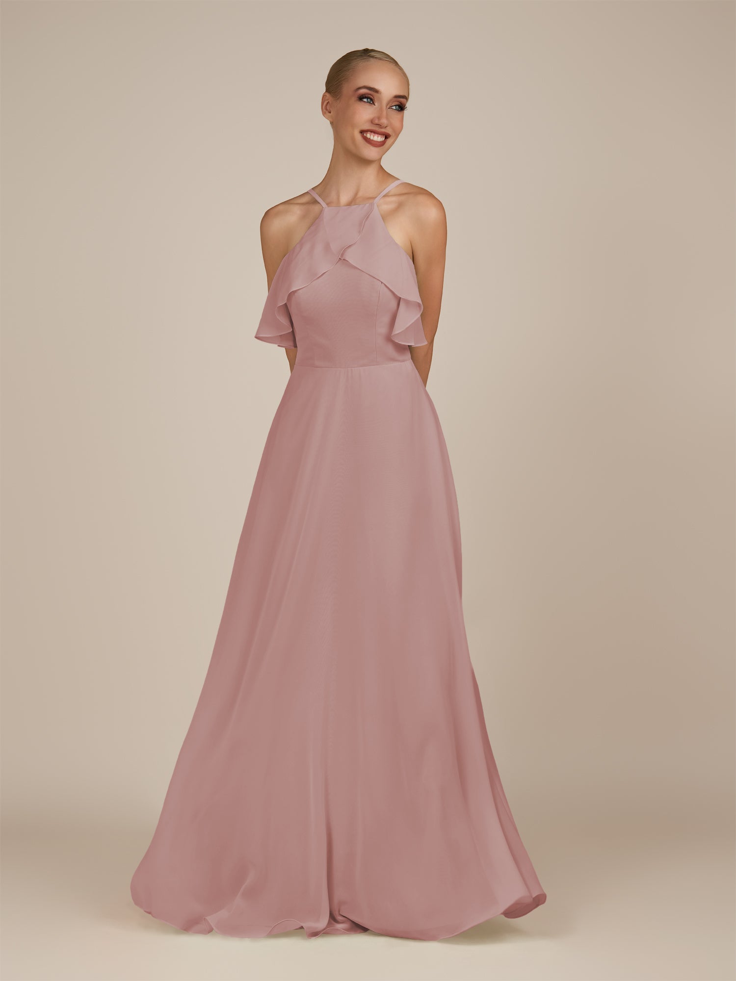 KissDress-Wynne Dusty Rose A Line Chiffon Halter Neck Ruffled Overlay Long Bridesmaid Dress