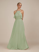 KissDress-Wynne Dusty Sage A Line Chiffon Halter Neck Ruffled Overlay Long Bridesmaid Dress