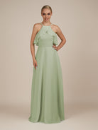 KissDress-Wynne Dusty Sage A Line Chiffon Halter Neck Ruffled Overlay Long Bridesmaid Dress