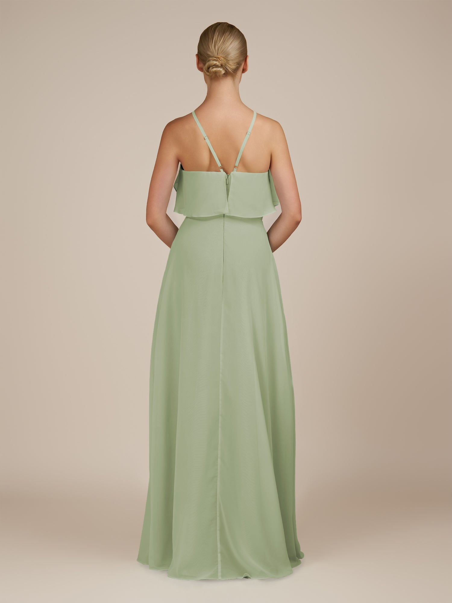 KissDress-Wynne Dusty Sage A Line Chiffon Halter Neck Ruffled Overlay Long Bridesmaid Dress
