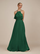 KissDress-Wynne Emerald A Line Chiffon Halter Neck Ruffled Overlay Long Bridesmaid Dress
