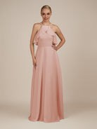 KissDress-Wynne English Rose A Line Chiffon Halter Neck Ruffled Overlay Long Bridesmaid Dress