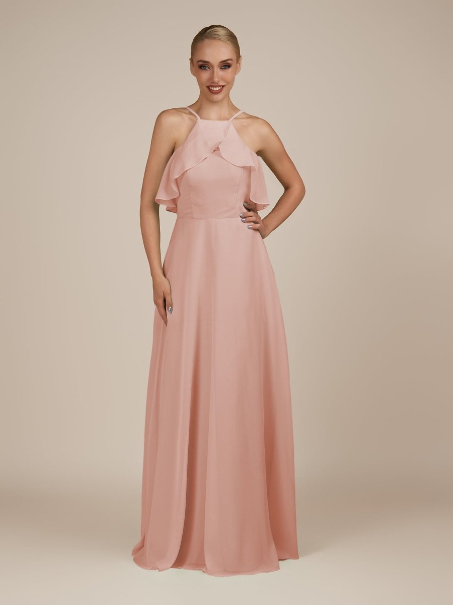 KissDress-Wynne English Rose A Line Chiffon Halter Neck Ruffled Overlay Long Bridesmaid Dress