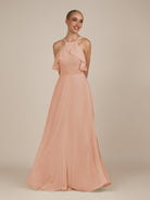 KissDress-Wynne English Rose A Line Chiffon Halter Neck Ruffled Overlay Long Bridesmaid Dress