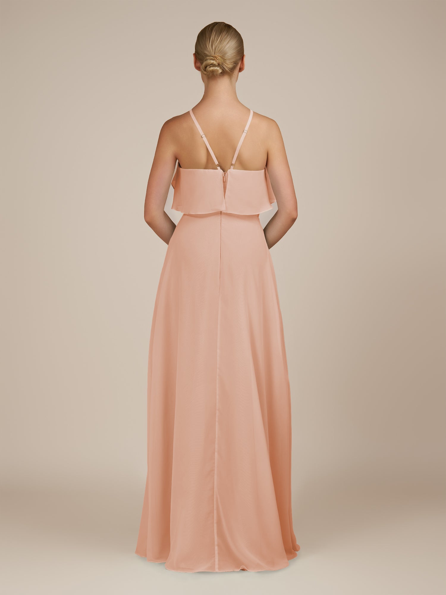 KissDress-Wynne English Rose A Line Chiffon Halter Neck Ruffled Overlay Long Bridesmaid Dress