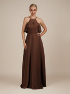 KissDress-Wynne Espresso A Line Chiffon Halter Neck Ruffled Overlay Long Bridesmaid Dress