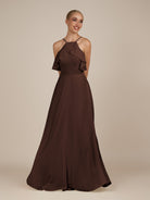 KissDress-Wynne Espresso A Line Chiffon Halter Neck Ruffled Overlay Long Bridesmaid Dress