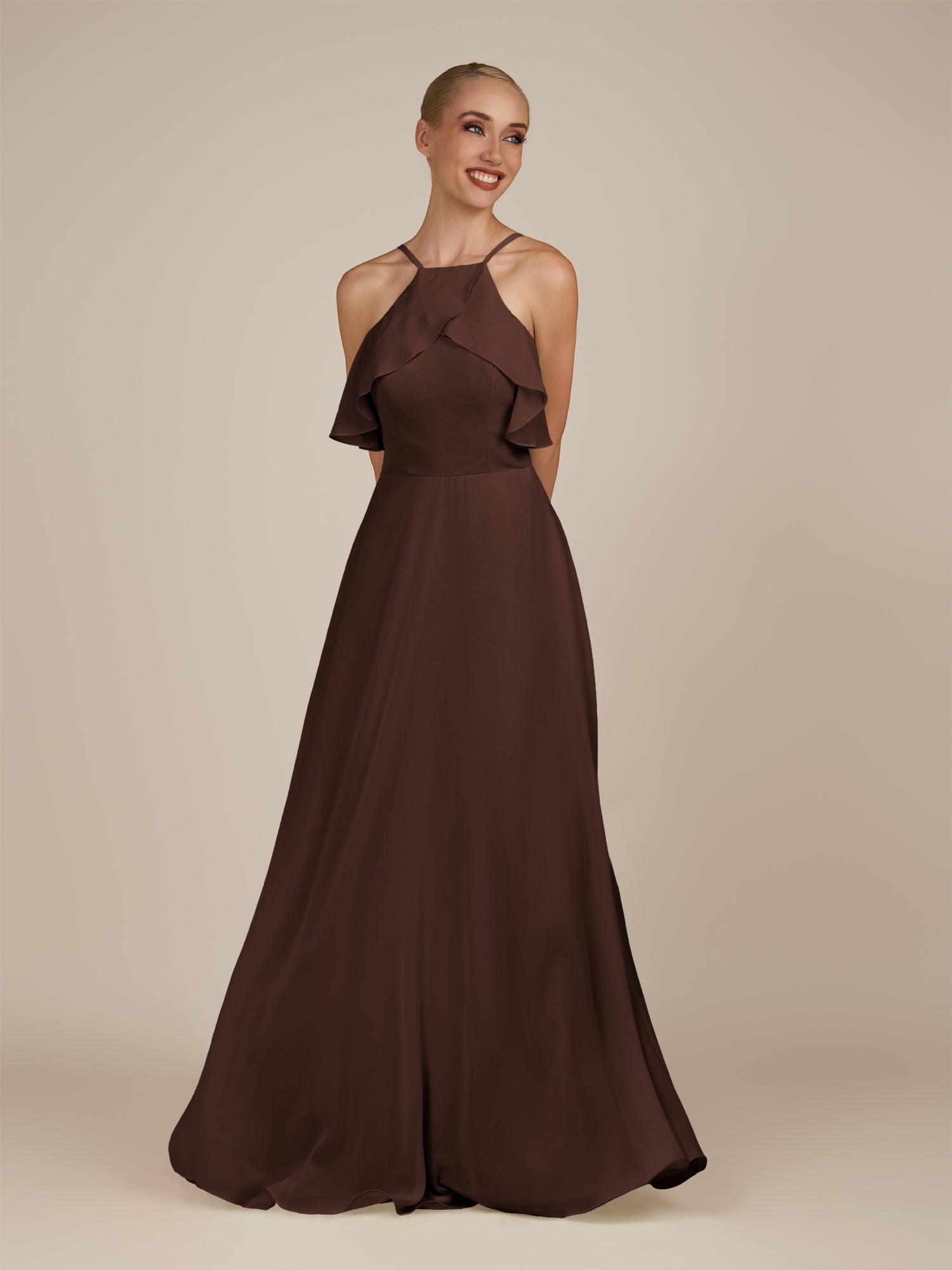 KissDress-Wynne Espresso A Line Chiffon Halter Neck Ruffled Overlay Long Bridesmaid Dress