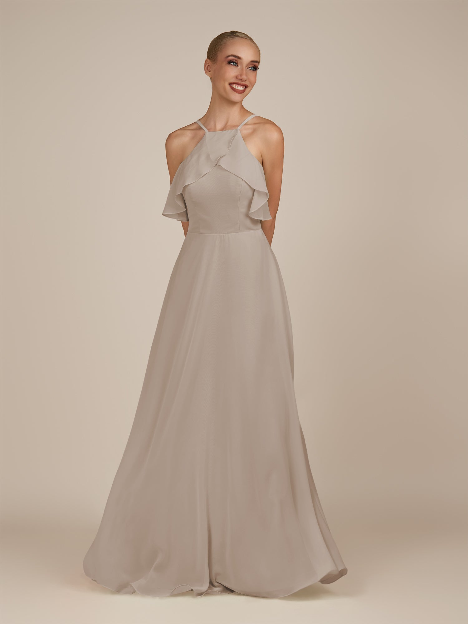 KissDress-Wynne Frost A Line Chiffon Halter Neck Ruffled Overlay Long Bridesmaid Dress