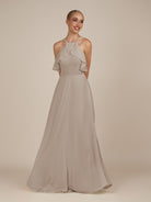 KissDress-Wynne Frost A Line Chiffon Halter Neck Ruffled Overlay Long Bridesmaid Dress