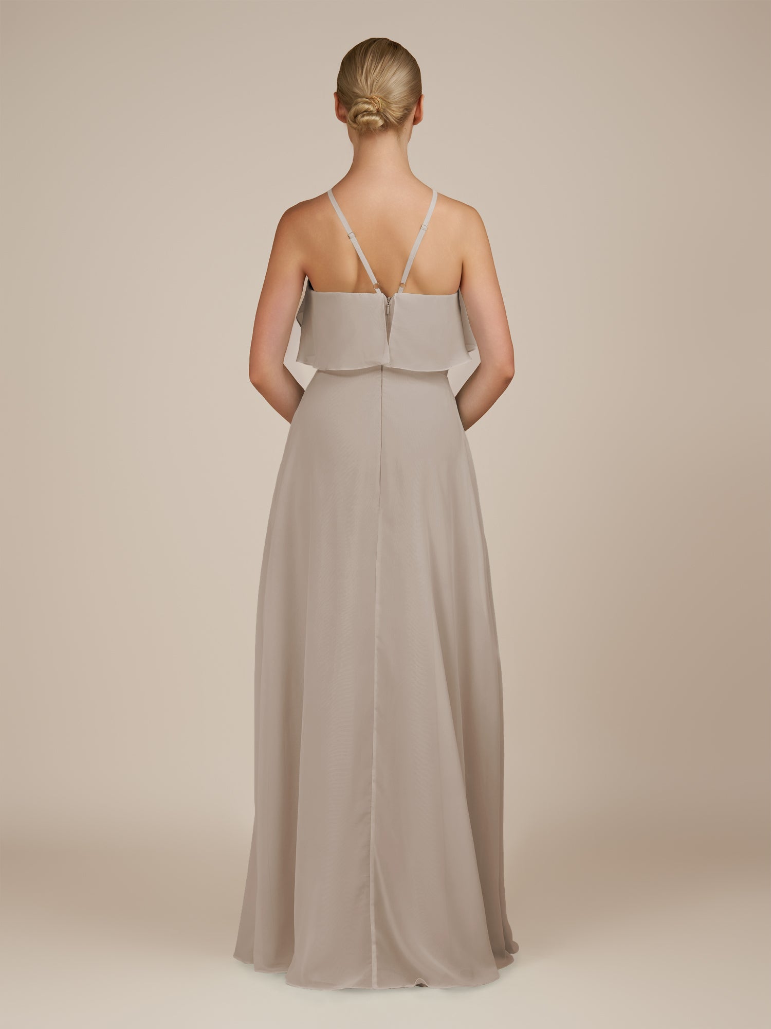 KissDress-Wynne Frost A Line Chiffon Halter Neck Ruffled Overlay Long Bridesmaid Dress