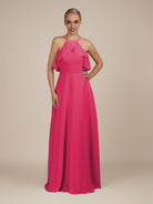KissDress-Wynne Fuchsia A Line Chiffon Halter Neck Ruffled Overlay Long Bridesmaid Dress