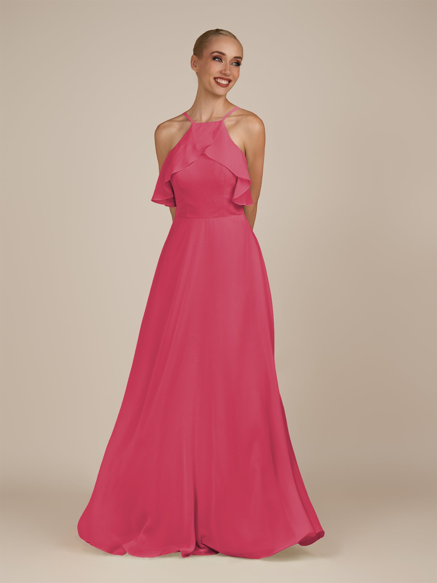 KissDress-Wynne Fuchsia A Line Chiffon Halter Neck Ruffled Overlay Long Bridesmaid Dress