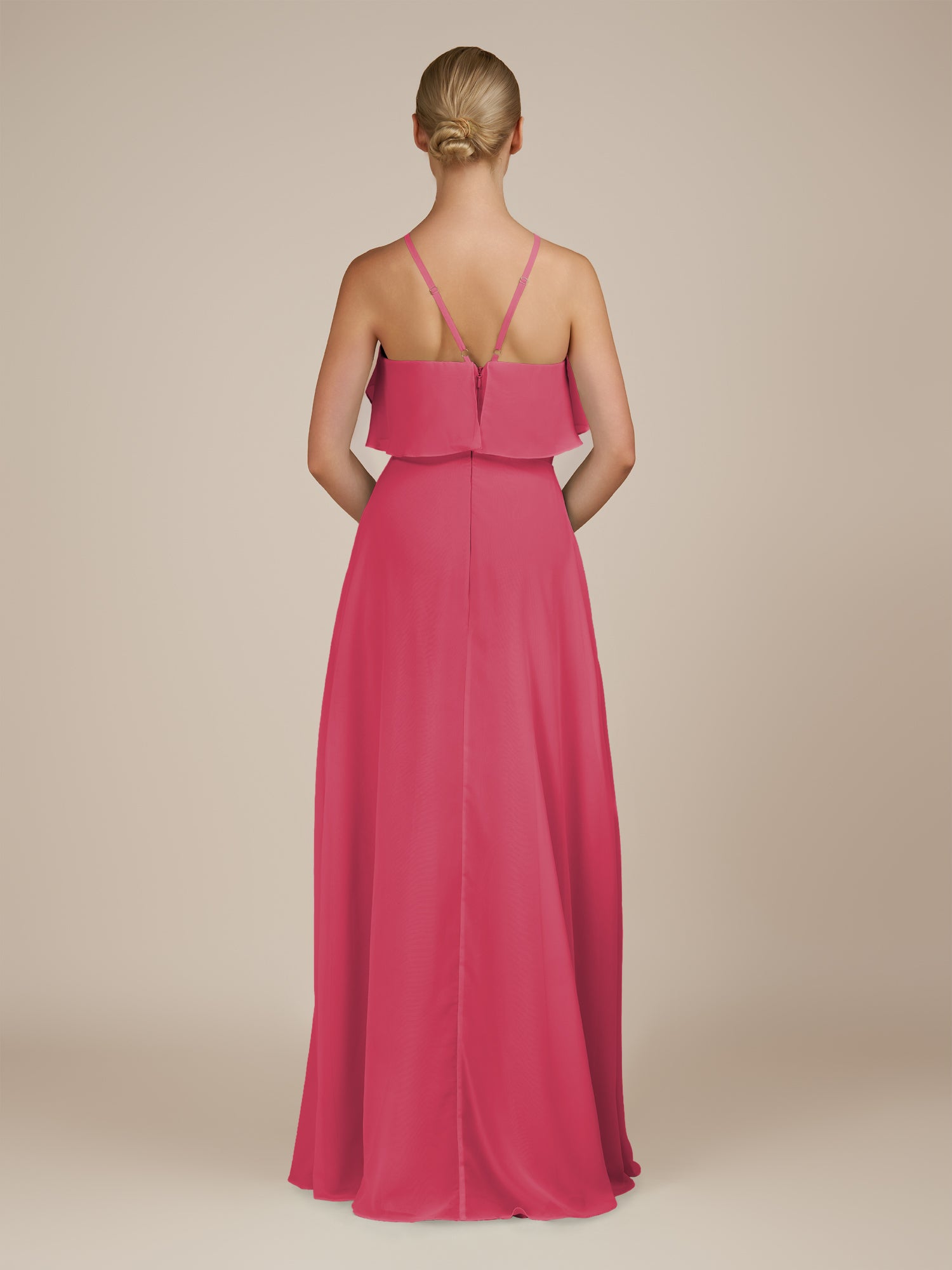 KissDress-Wynne Fuchsia A Line Chiffon Halter Neck Ruffled Overlay Long Bridesmaid Dress