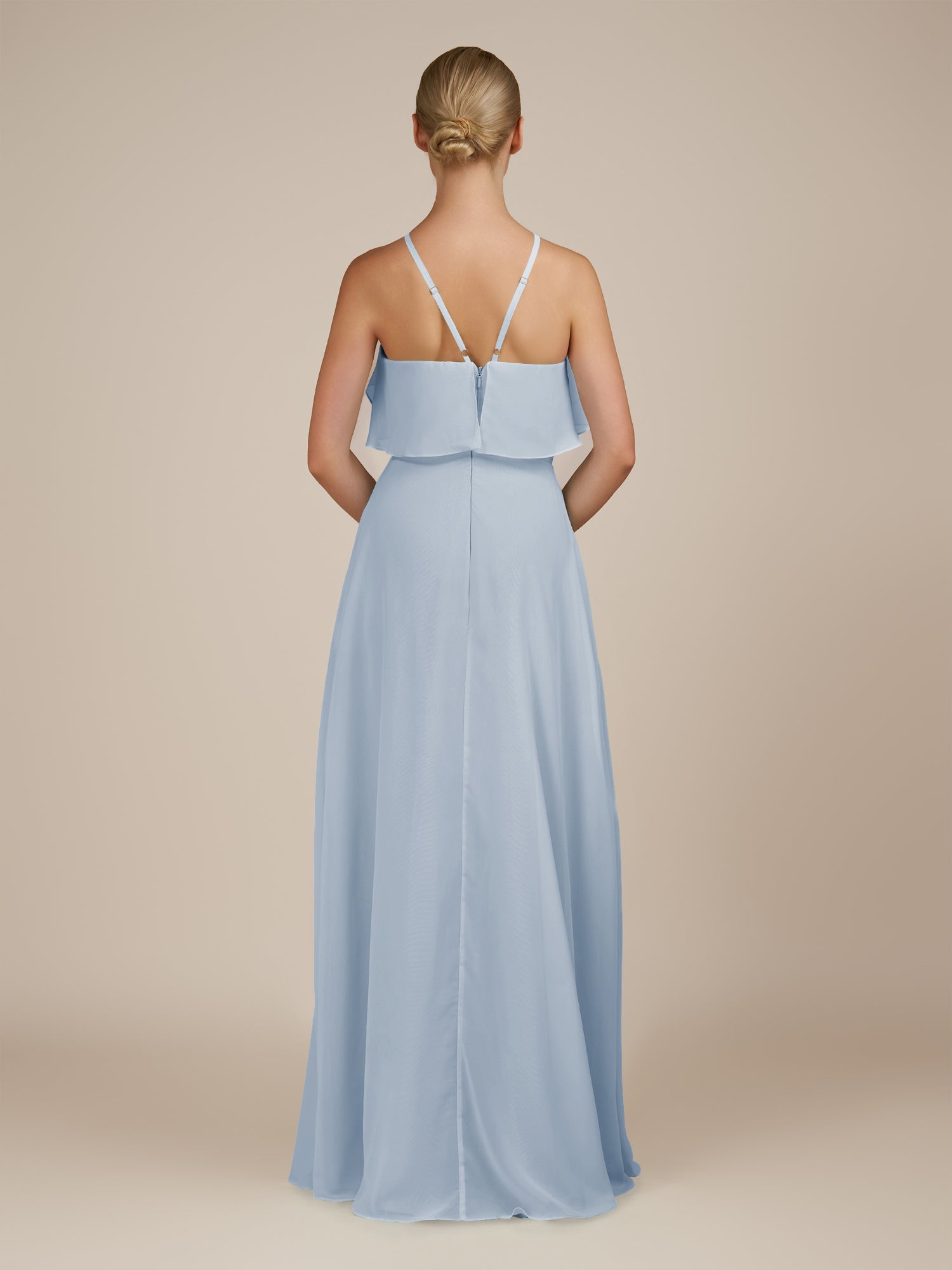 KissDress-Wynne Ice A Line Chiffon Halter Neck Ruffled Overlay Long Bridesmaid Dress